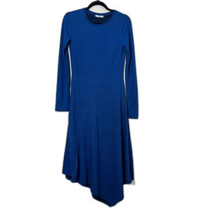 ZARA Blue Black Stripe Asymmetrical Dress Ribbed Midi Fall Knit Small Mod Chic